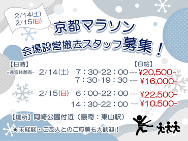 【1日1万over♪ 2日で4万円overも可♪♪】1日OK!!★京都マラソン★みやこめっせ・平安神宮周辺★【2/14.15　大量募集中！！】
