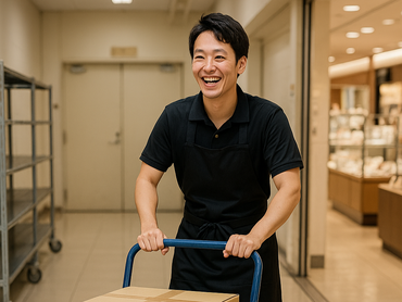 銀座三越内のバックヤードで商品を運ぶ館内搬送スタッフ☆