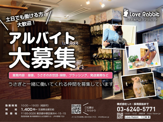 ☆時給1400～☆うさぎ専門店　スタッフ募集　週１日～OKの詳細画像