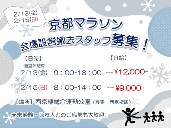 【 2日でガッツリ高日給♪♪】1日OK!!★京都マラソン★西京極運動公園★【2/13.15　大量募集中！！】の詳細画像