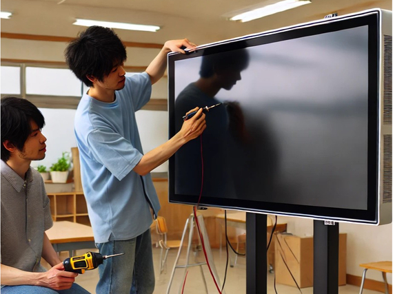 県立高校の電子黒板の組立てと設置作業の詳細画像